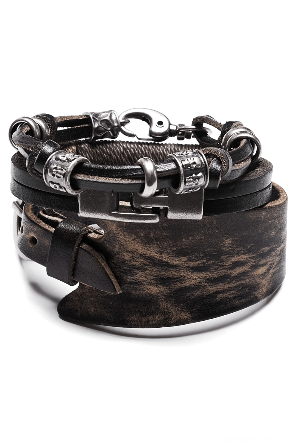 Gothic Punk Leder Armband Stack Set Flatlay, gestresstes braun-schwarzes Rindsleder mit antiker Silber-Schnallen und Verschluss-Hardware, dreiteiliges Alternative Fashion Armband Collection, Vintage Punk Cuff