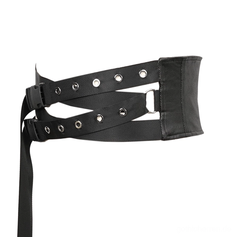 Seitenfront-Flat-Lay des Dual-Strap-gotischen Punk-Taillengürtels mit Metalösen und D-Ring-Verschluss-Elementen, technische Produktansicht