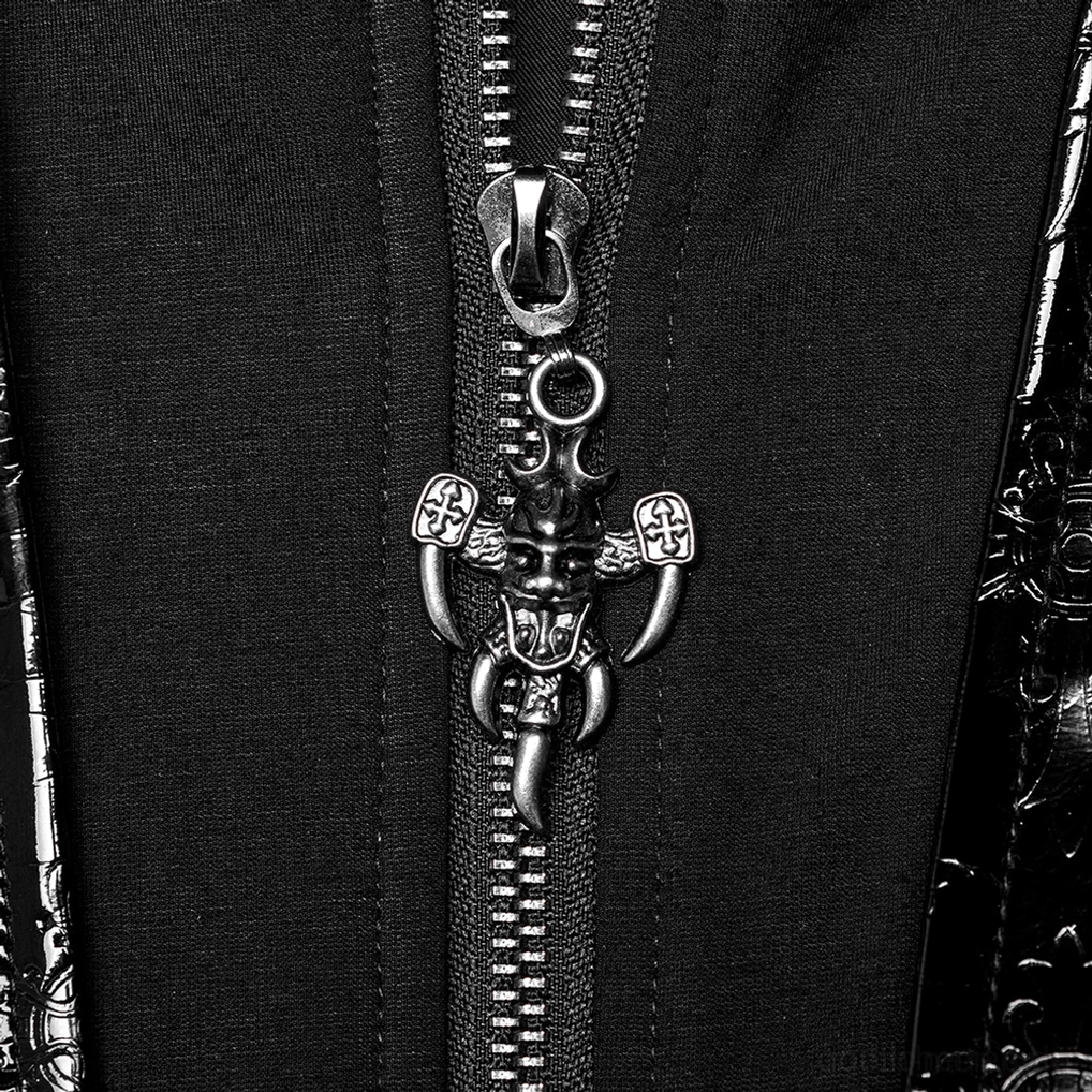 Gothic-Metallreißverschluss mit Kreuzornament an schwarzem Lackleder-Trenchcoat, detaillierte Hardware-Verarbeitung