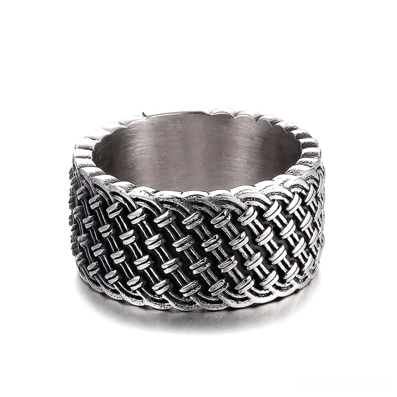 Geflochtener Gothic Edelstahl Ring Vorderansicht mit vollständigem Flechtmuster und gebürstetem Innenband