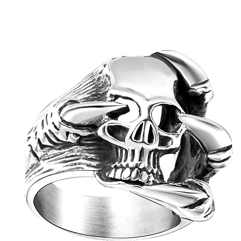 Gothic Totenkopf Ring Seitenprofil Detail Gravur geriffelte Bandstruktur Edelstahl dunkler Schmuck