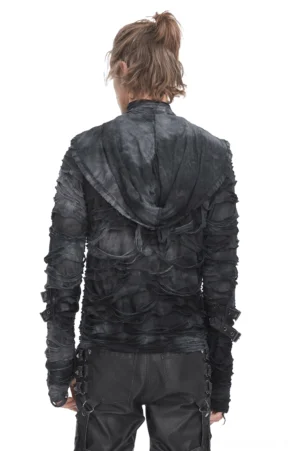 Schwarzer Tie-Dye Gothic Ripped Hoodie Rückansicht mit geschichteten Volant-Stofflagen und angebrachter Kapuze mit Kordelzug