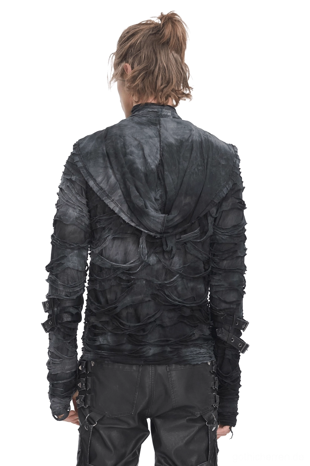 Schwarzer Tie-Dye Gothic Ripped Hoodie Rückansicht mit geschichteten Volant-Stofflagen und angebrachter Kapuze mit Kordelzug