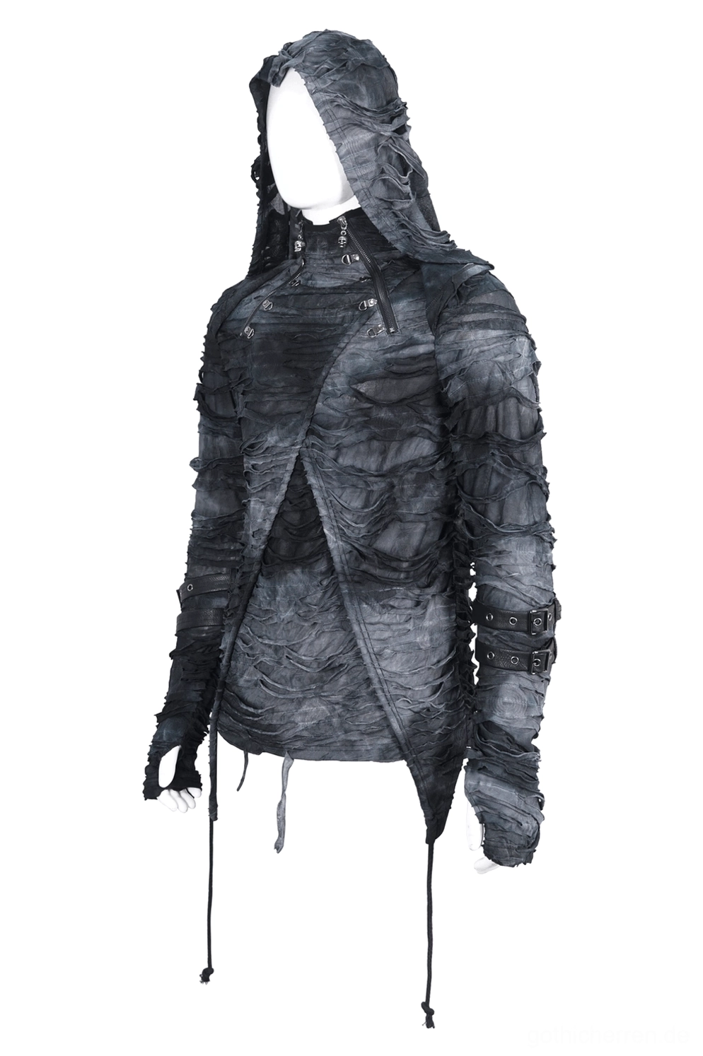 Seitenprofil-Ansicht des Gothic Ripped Hoodie auf Mannequin mit verstellbaren schwarzen Leder-Schnallen an den Unterarmen