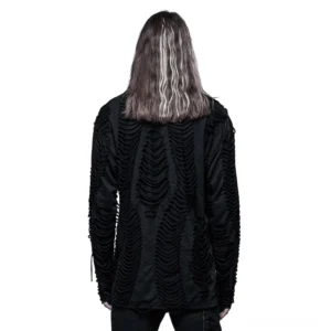 Schwarzes Gothic Sweatshirt Rückseite mit vollständiger skelettaler Zerreißmuster-Dekonstruktion - distressed Langarm Pulli Rückendetail