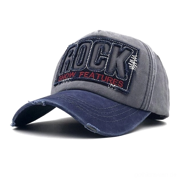 Verstellbare Gothic Rock Baseball Kappe im Grau-Marineblau-Colorway mit distressiertem Snapback-Verschluss und authentischer Underground-Styling, ideal für alternative Mode