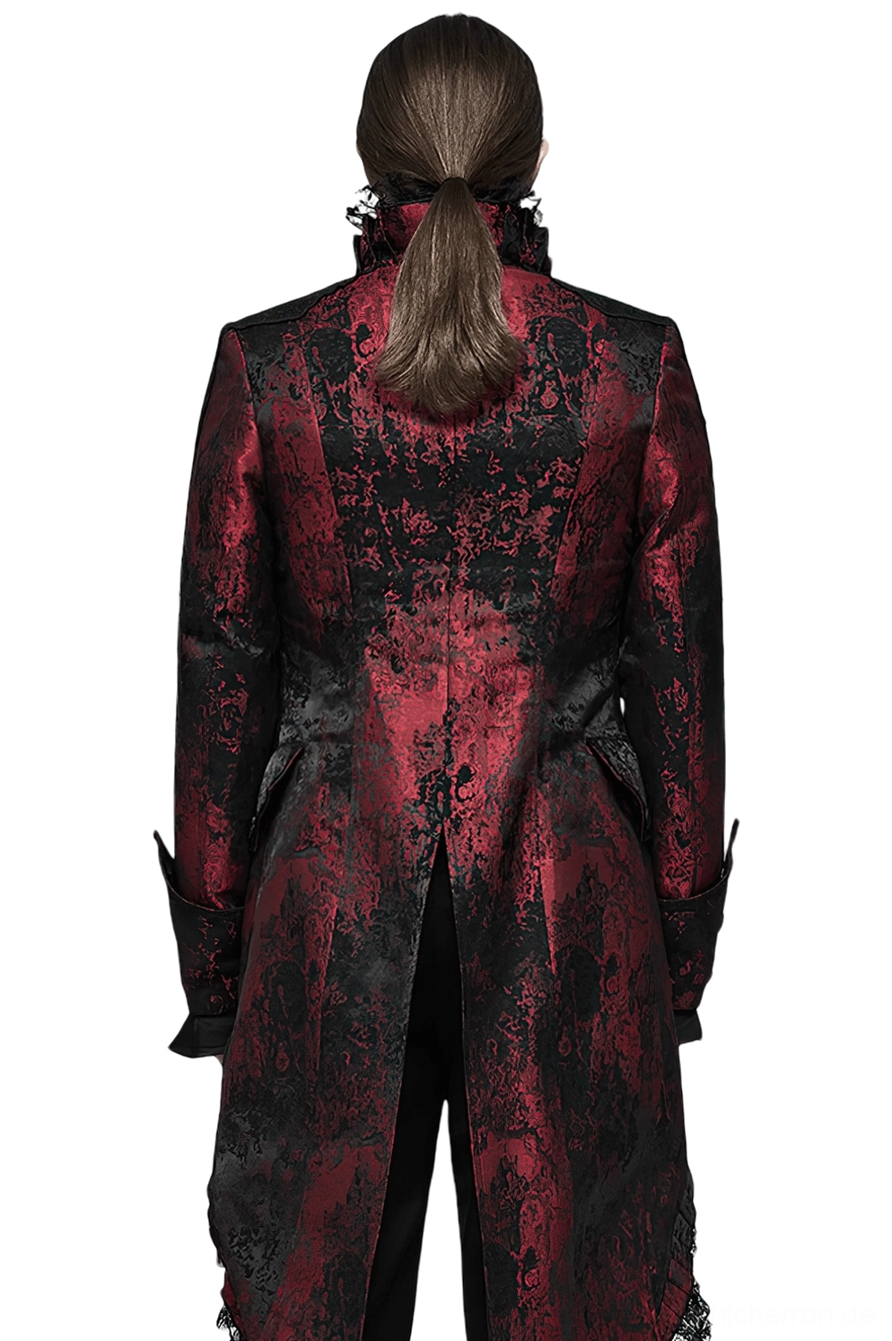 Gothic Rococo Tailcoat Rückansicht mit gespaltenem Schwalbenswanz-Saum und Jacquard-Webmuster