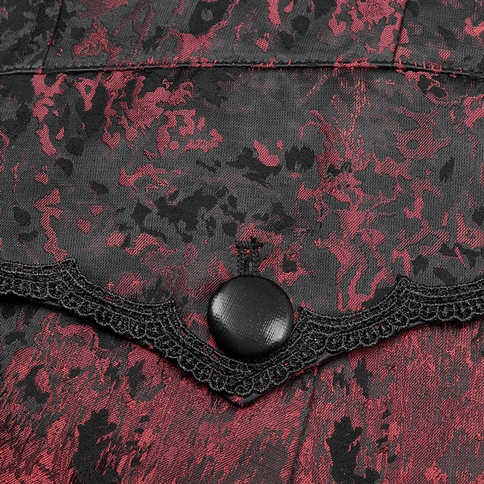 Weinrot Gothic Rococo Tailcoat Detailaufnahme mit Jacquard-Webmuster und Spitzenakzenten