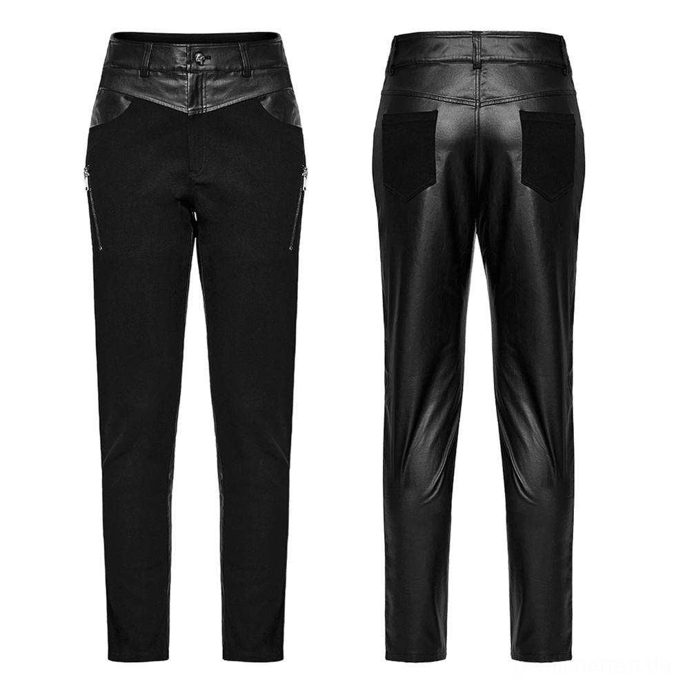 Gothic Röhrenhose Flat-Lay Vorder- und Rückvergleich auf weißem Hintergrund, zweifarbiges Design in Schwarz mit Totenkopf-Knopf, silbernem Seitenzipp, und Kontrast-Ledertaschenkanten