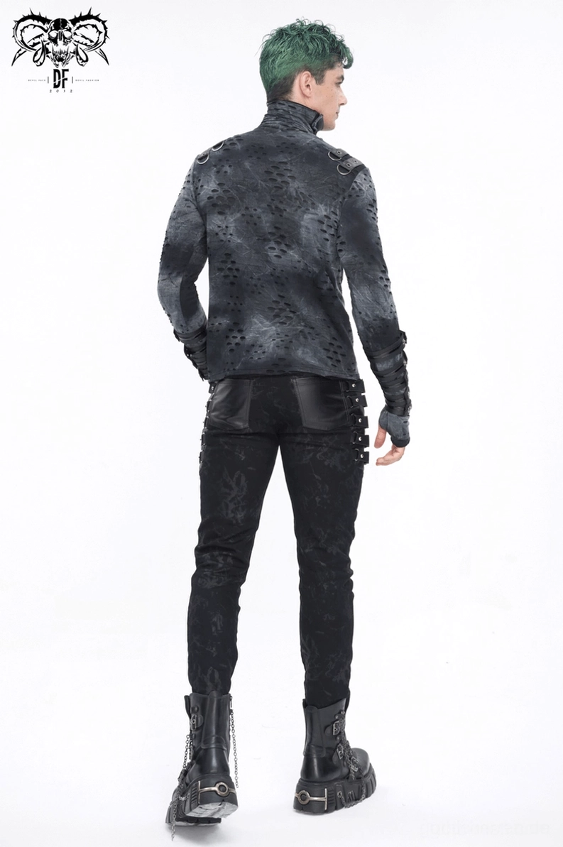Premium-Detailansicht der Gothic-Röhrenhose mit Schnallengurt-Konstruktion und dunkelmarmorierter Stoff-Qualität