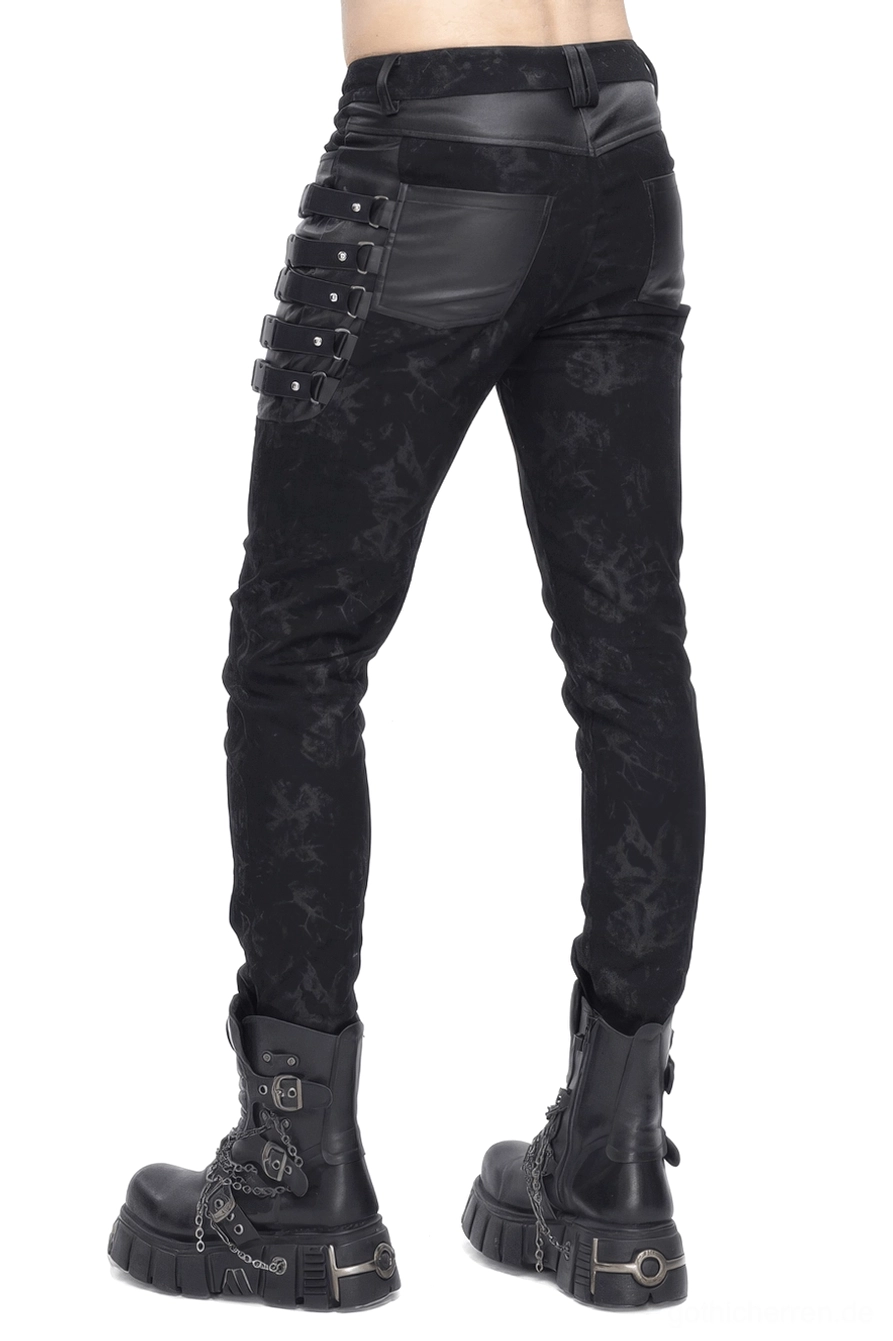 Rückansicht einer schwarzen Gothic-Röhrenhose mit verstellbaren Schnallengurten und Kunstlederhüftpanels