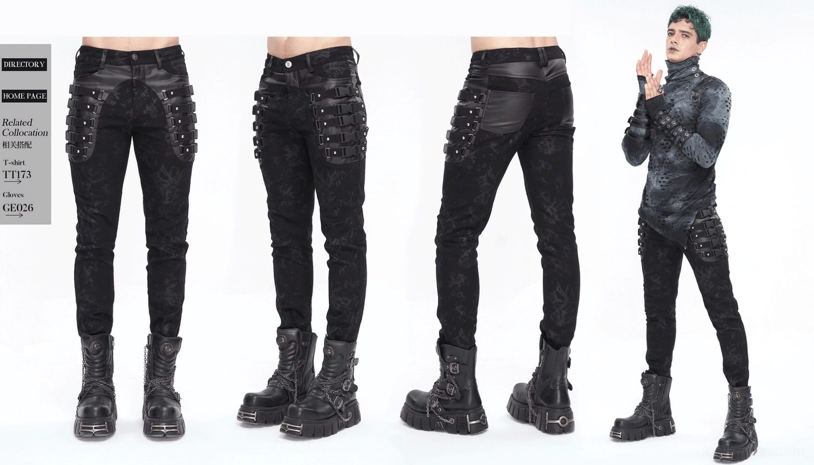 Seitenwinkelansicht der Herren-Gothic-Schnallenhose mit Kunstleder-Hüftpanel-Konstruktion