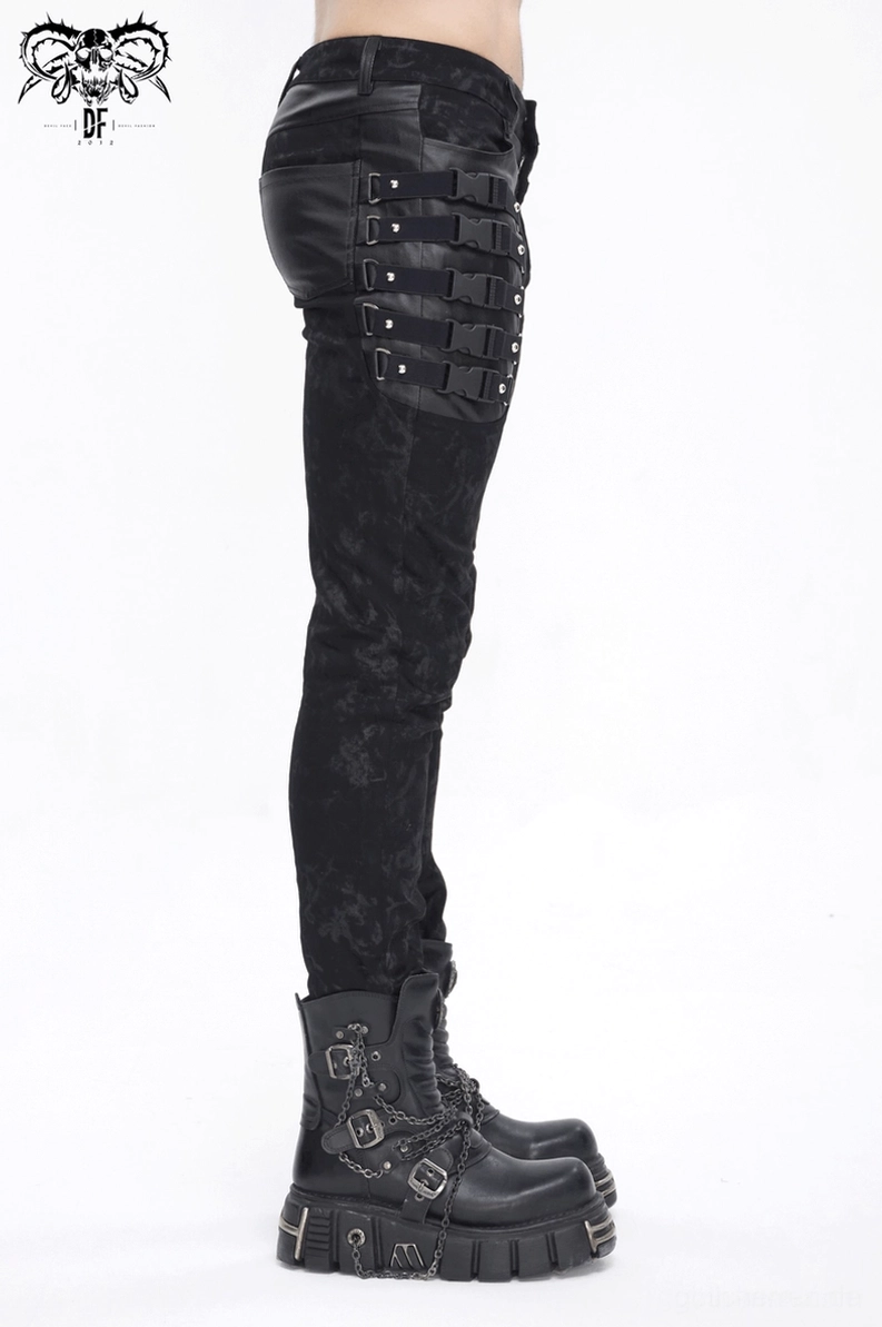 Alternative Winkelansicht der schwarzen Gothic-Röhrenhose mit Silhouette und Schnallengurt-Platzierung