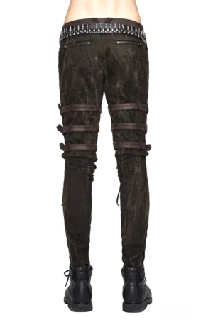 Steampunk Slim-Fit Röhrenhose Rückansicht mit nieten-besetztem Hosenbund und dekorativen Gürtelriemen auf der Rückseite der Beine