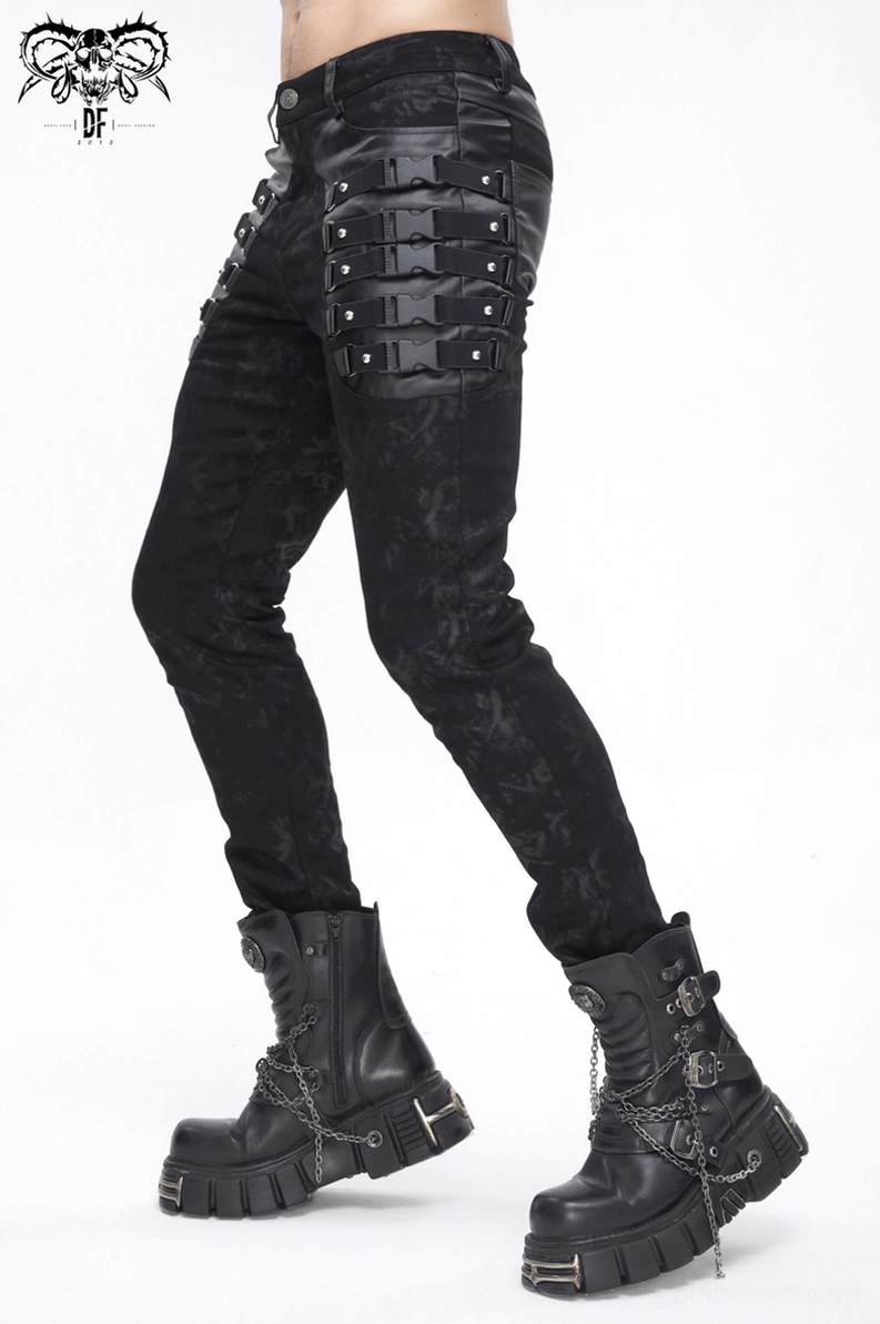 Umfassende Produktansicht der schwarzen Gothic-Herren-Schnallenhose mit allen Designelementen und Hardware