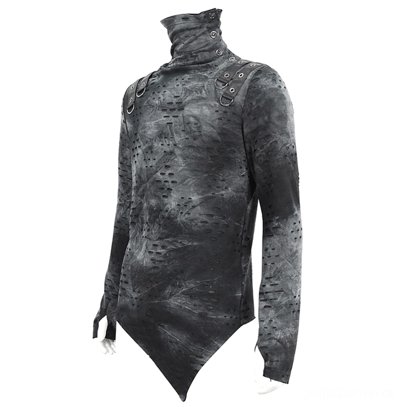 Gothic asymmetrisches Rollkragen-Shirt an der Schaufensterpuppe in Schrägansicht, hohes Rollkragen-Design, Daumenlochhems an den Ärmeln, Metallschnallen an den Schultern, spitzer asymmetrischer Saum