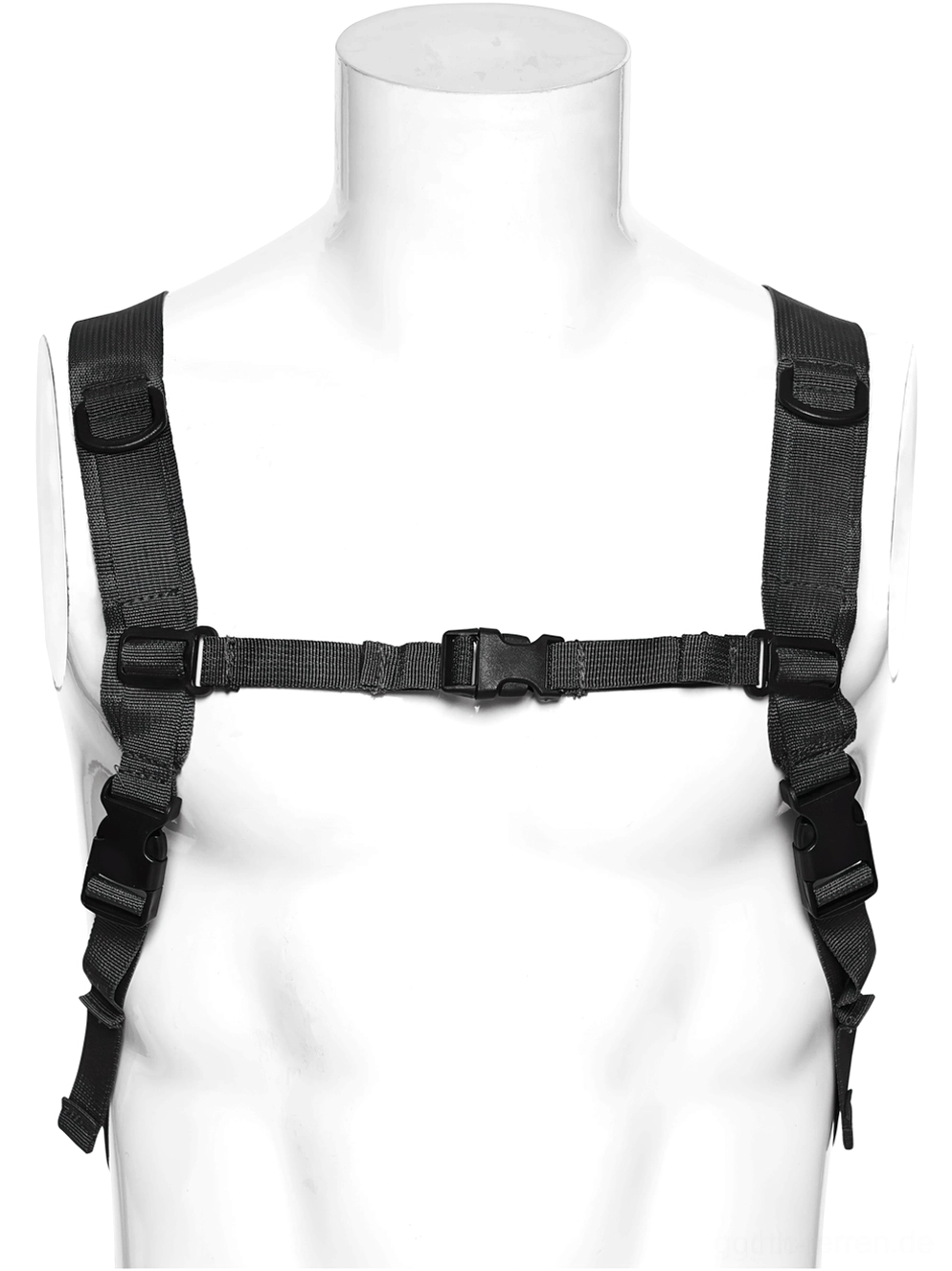 Gothic Rucksack Brustgurt-Harness-System mit schwarzem Webbing, verstellbaren Kunststoff-Schnallen und horizontalem Befestigungsgurt