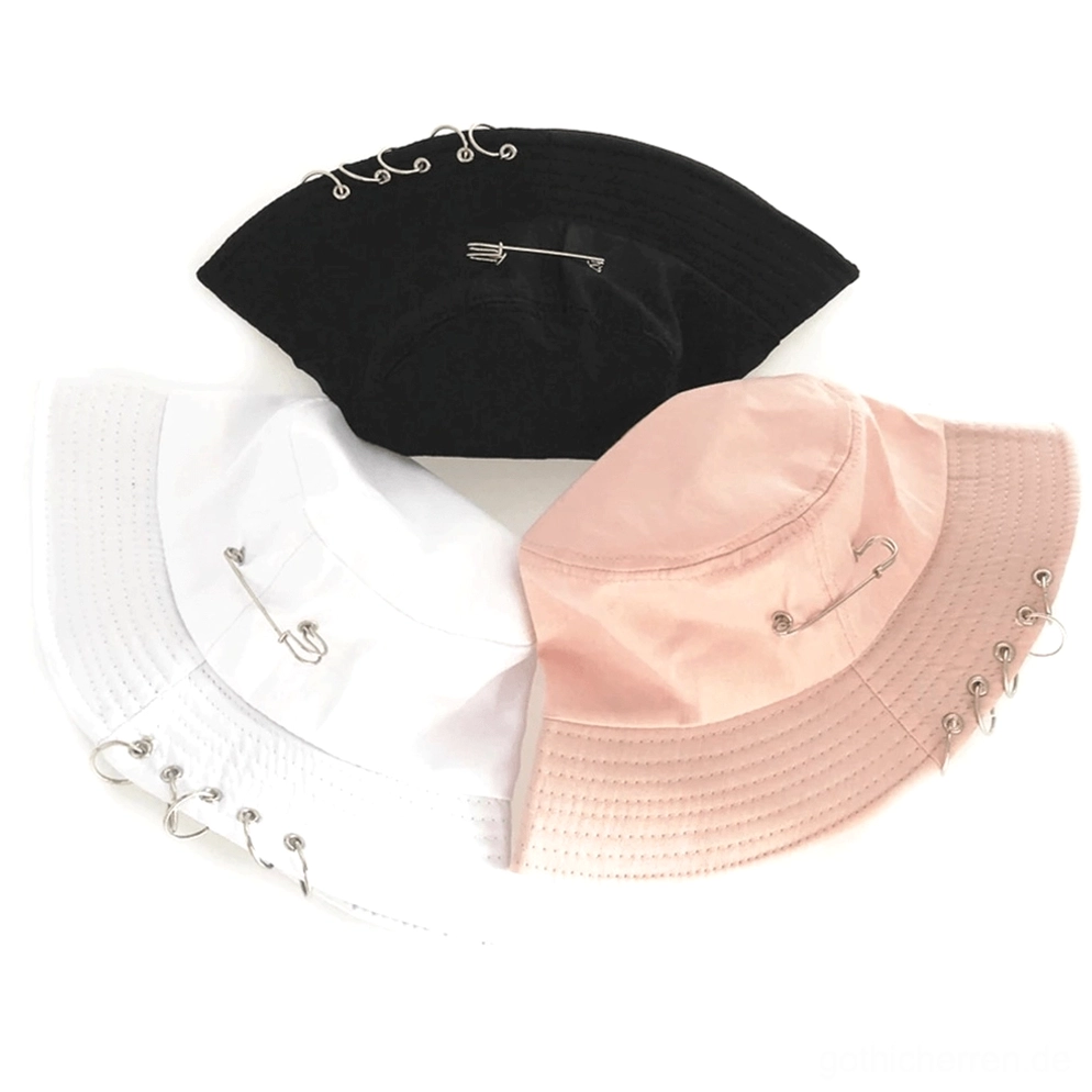 Gothic Safety-Pin Bucket Hat Kollektion alle drei Farben schwarz weiss rosa Overhead-Ansicht Flat-Lay