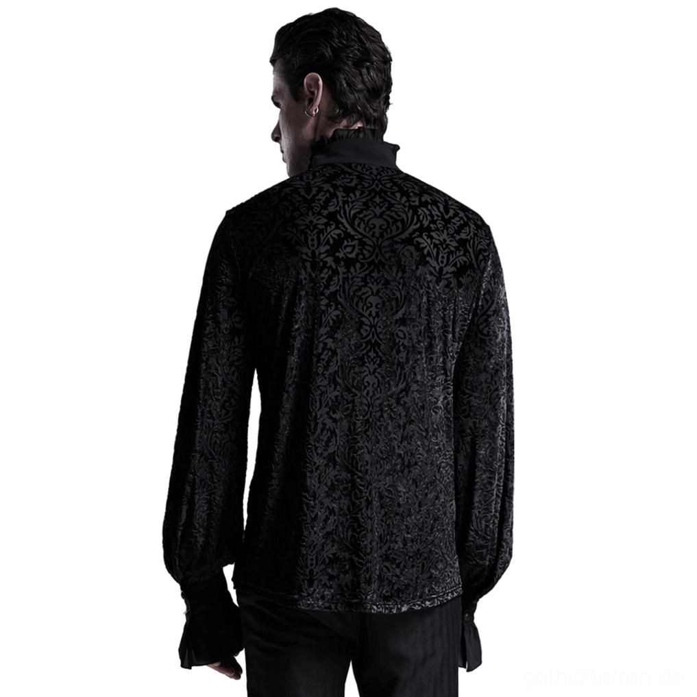 Gothic Samt-Hemd Rückansicht Ganzkörper, durchgehendes Damast-Muster-Design, schwarzes laser-graviertes Blüten-Jacquard