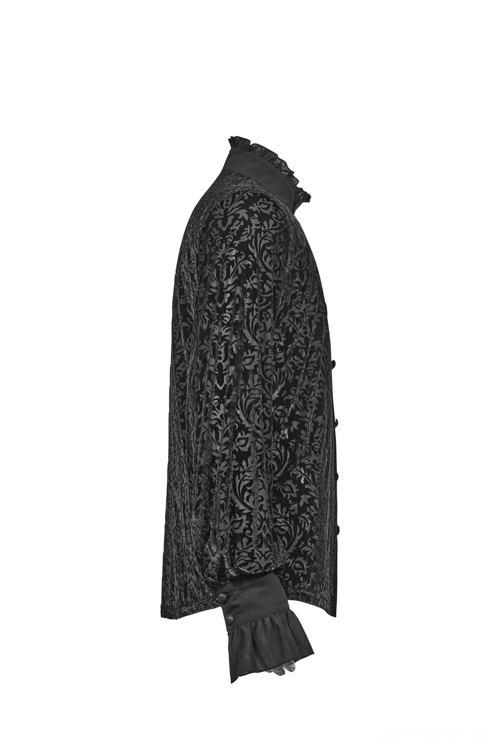 Gothic Samt-Hemd Seitenprofilansicht silhouette, Damast-Schnitt, laser-graviertes Blütenmuster auf schwarzem Samt