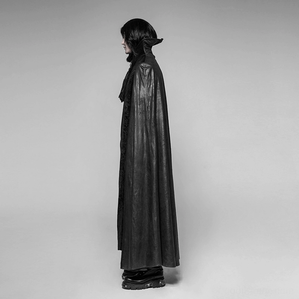 Angenähtes Cape-Drapie-Detail des Gothic Samt-Herrenmentels, fließende Stoff-Silhouette, dramatische theatralische Draperie-Demonstration, elegante Cape-Bewegung