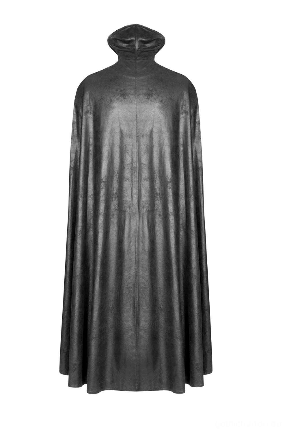 Gothic Samt-Herrenmantel Rückansicht in Volllänge, glattes matter schwarzer Stoff, integriertes Kapuzen-Detail an Nackenbereich, fließende Cape-Silhouette, elegante Rückseite