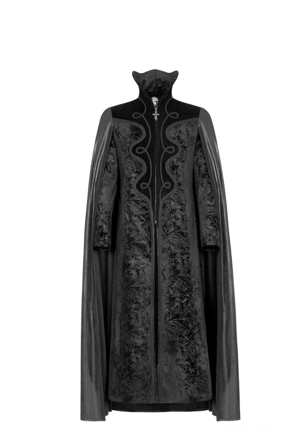 Gothic Samt-Übergangsmantel mit angenähtem Cape, schwarzes geprägtes Paisley-Oberflächendetail, Stehkragen, Frontprodukt-Showcase auf einfarbigem Hintergrund, volles Design