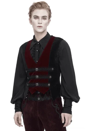 Gothic Samt-Anzugweste Vorderansicht auf männlichem Modell, schwarzer Samtgrund mit Weinrot-Akzenten, ornamentale Metallknöpfe und Spitzeneinfassung im viktorianischen Goth-Stil