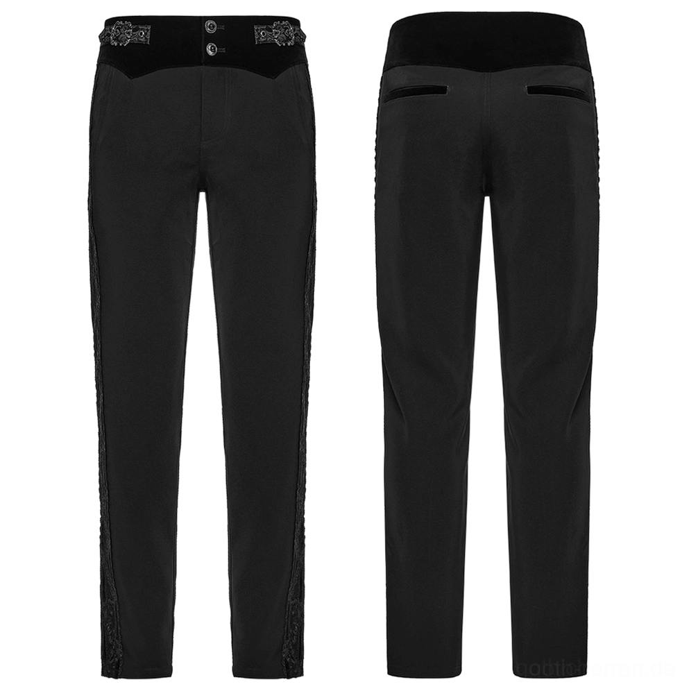 Flache Produktanzeige der gotischen schlanken Röhrenhose mit vollständigem Samtbund und Spitzendetails - Vorder- und Rückseite auf weißem Hintergrund