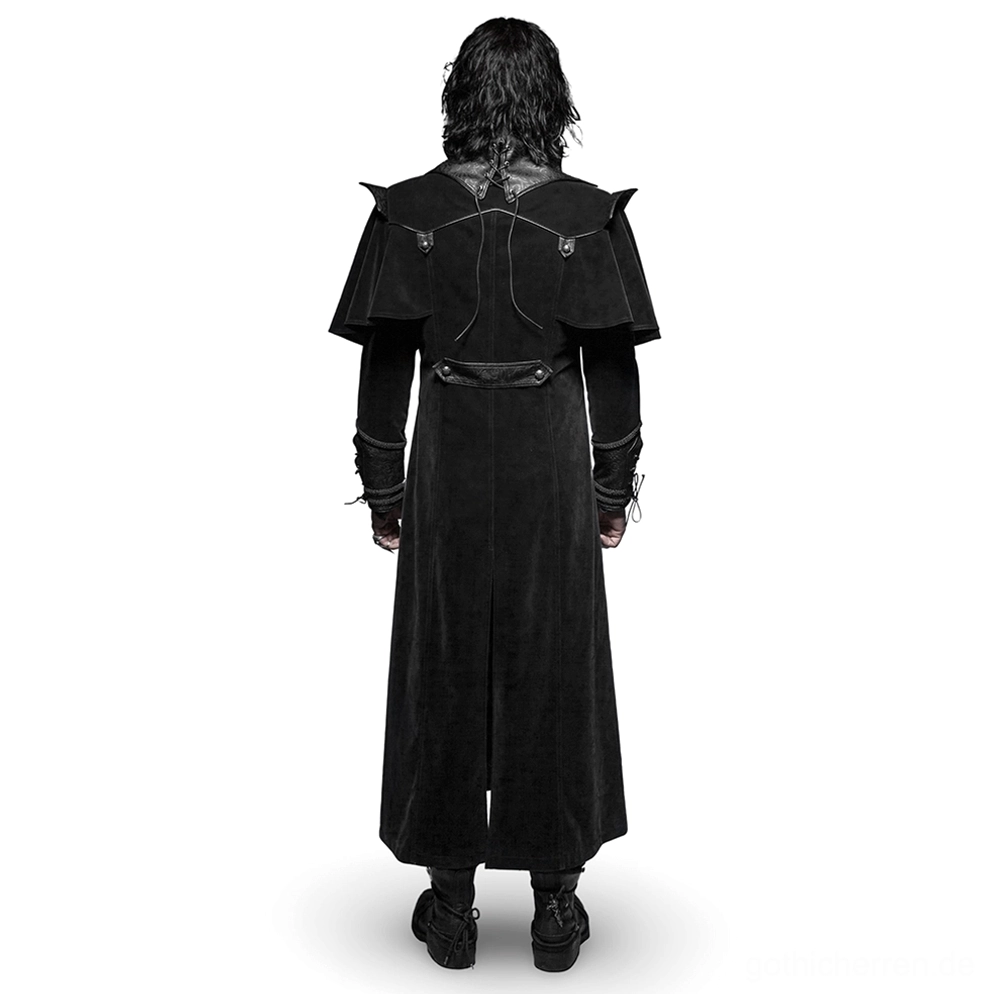 Gothic-Samtmantel Rückansicht zeigt Schnürlacing-Details und gesplittete Saum auf männlichem Modell schwarz elegant