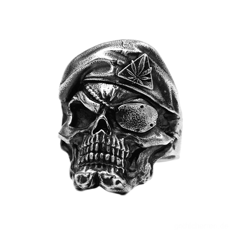 Dunkler Gothic Schädel Ring Vorderlinksansicht realistische Knochenstruktur verwittertes 925er Sterlingsilber-Finish handgefertigte Alternative Herrenmode Schmuck