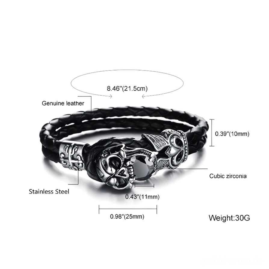 Größentabelle und Spezifikationen für Gothic Schädel Lederarmband – Maßstab 21,5cm Länge, Material-Zusammensetzung mit Edelstahl und Zirkonia-Details