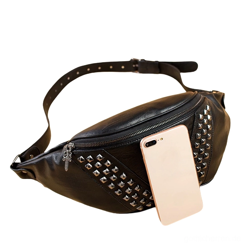 Gothic Schädel-Nietenguerteltasche Stauraum-Demonstration mit Smartphone Passform schwarze PU-Leder-Konstruktion und Metallnieten-Verzierung