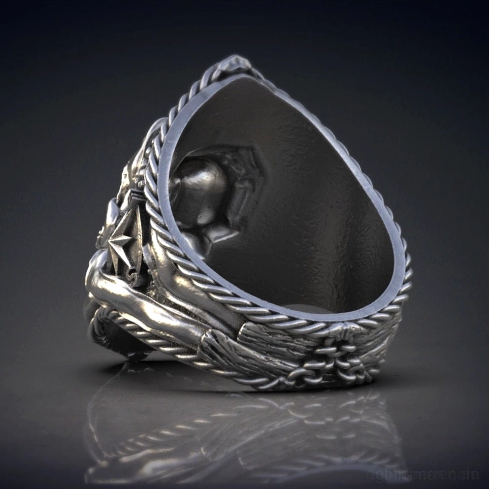 Verwitterter silberner Gothic Schädel Kompass Ring mit nautischem Oktopus-motiv, vintage maritime design goer herrenring