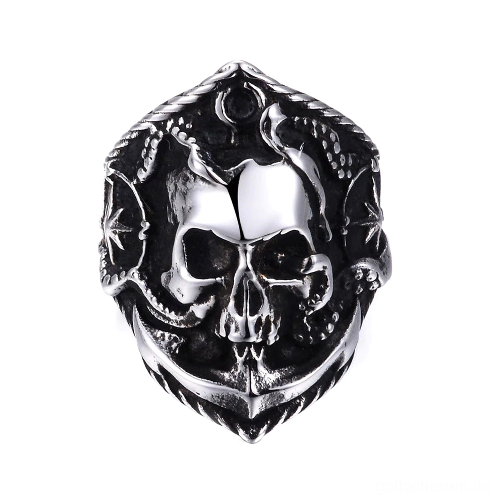 Verwitterter silberner Gothic Schädel Kompass Biker Ring mit maritimen Motiven, frontale oberansicht detailansicht