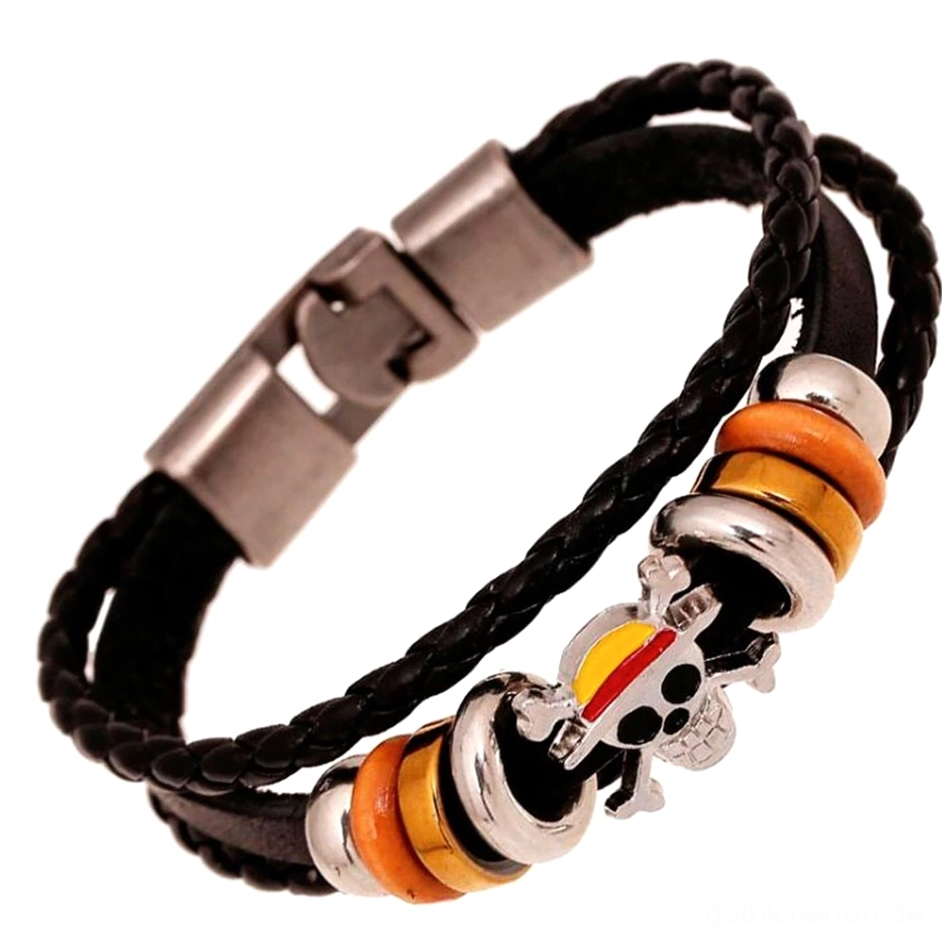 Handgefertigtes Gothic Schädel Lederarmband mit geflochtenem schwarzem PU-Leder, emailliertem Schädelanhänger und Zinklegierungs-Metallakzenten – detaillierte Seitenansicht des geflochtenen Lederkonstruktion
