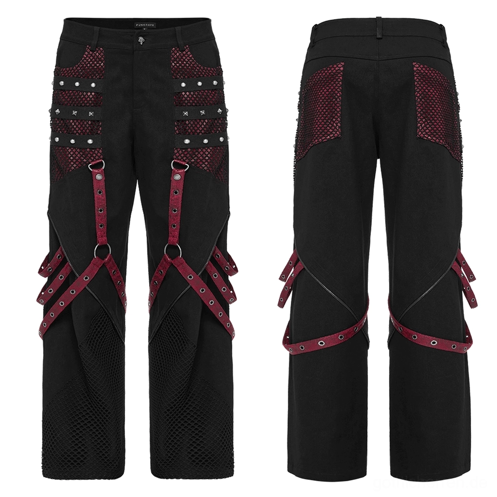 Flat-Lay Vorder- und Rückansicht der schwarzen Gothic Schlaghose mit abnehmbaren weinroten Riemen, Nieten-Details und transparenten Mesh-Einsätzen
