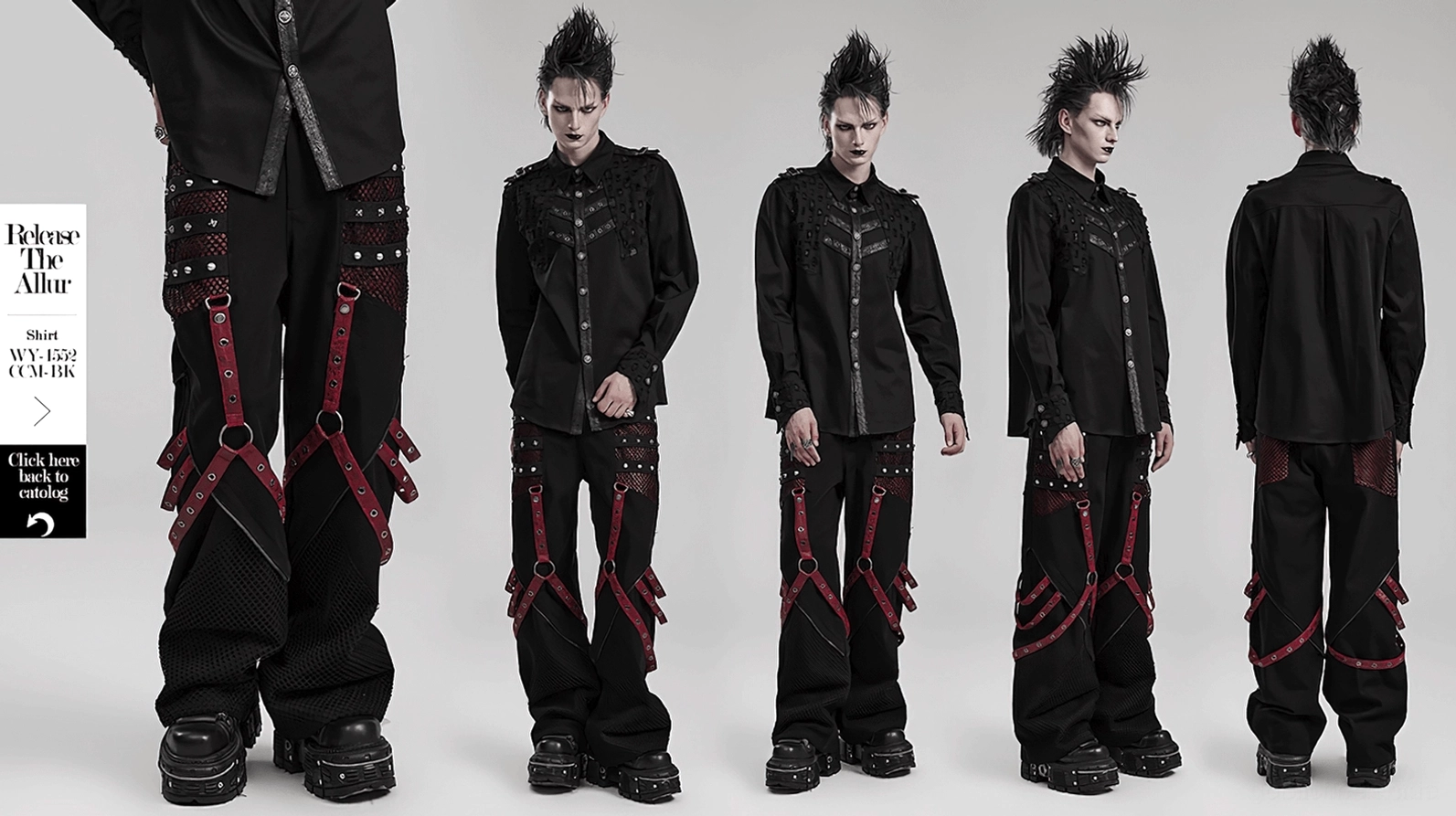 Hauptproduktbild der schwarzen Gothic Schlaghose mit abnehmbaren weinroten Mesh-Panel-Riemen in Ganzkörper-Präsentation zeigt vollständiges Design-Konzept