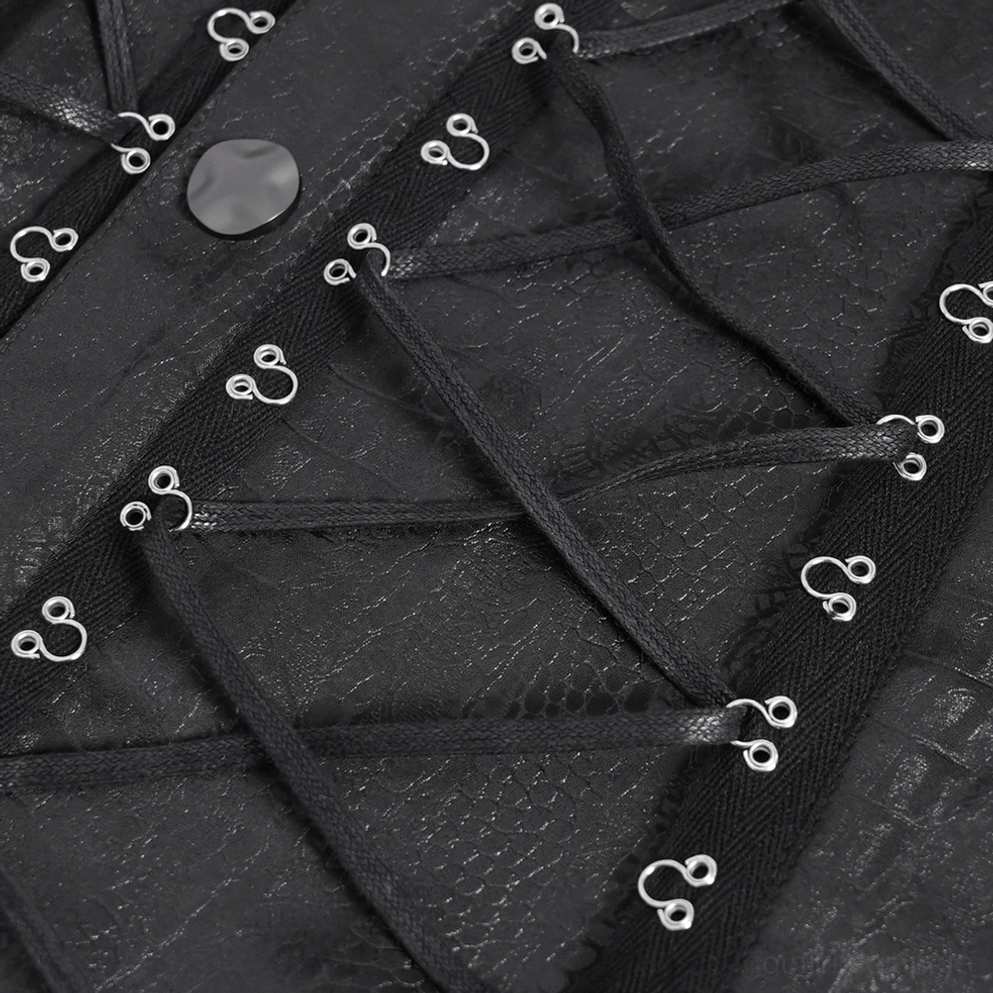 Gothic ärmelloses Shirt Detail-Aufnahme mit Schwerpunkt auf Metallknöpfe, Ösen, verstellbare Saumbänder und präzise Konstruktion