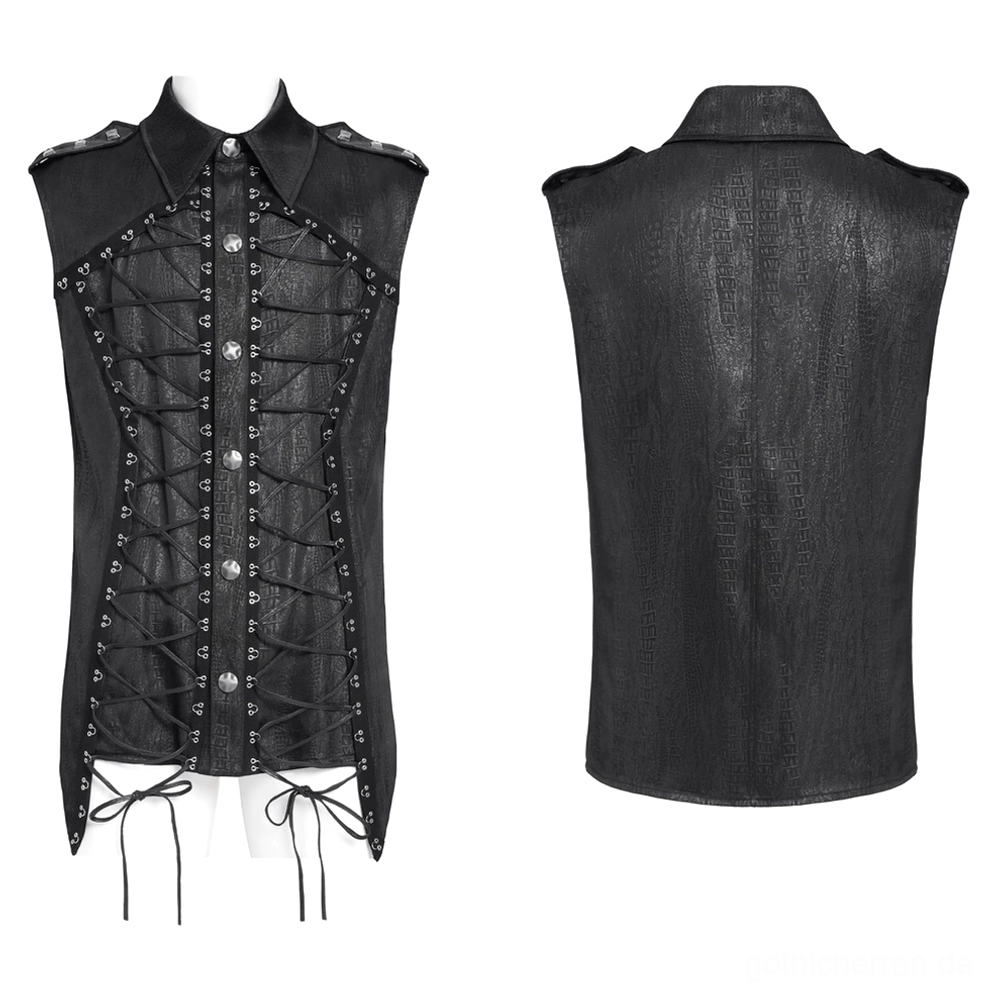 Schwarzes Gothic ärmelloses Schnür-Shirt Flat-Lay-Produktanzeige mit Metallknöpfen, Ösen-Schnürung, Epauletten und verstellbaren Saumbändern