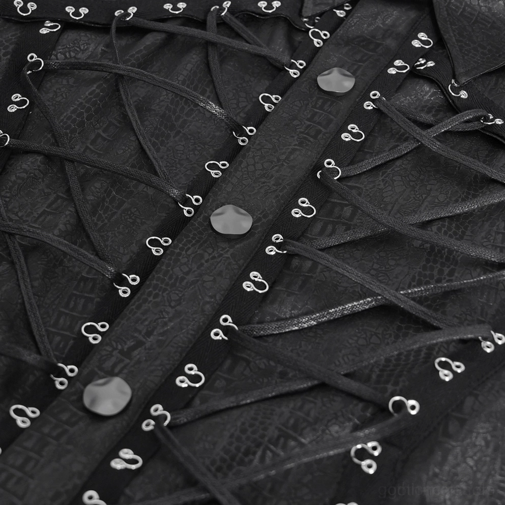 Schwarzes Gothic ärmelloses Shirt mit Korsett-Vorder-Schnürung, Metallhardware und tailierter Silhouette auf männlichem Träger