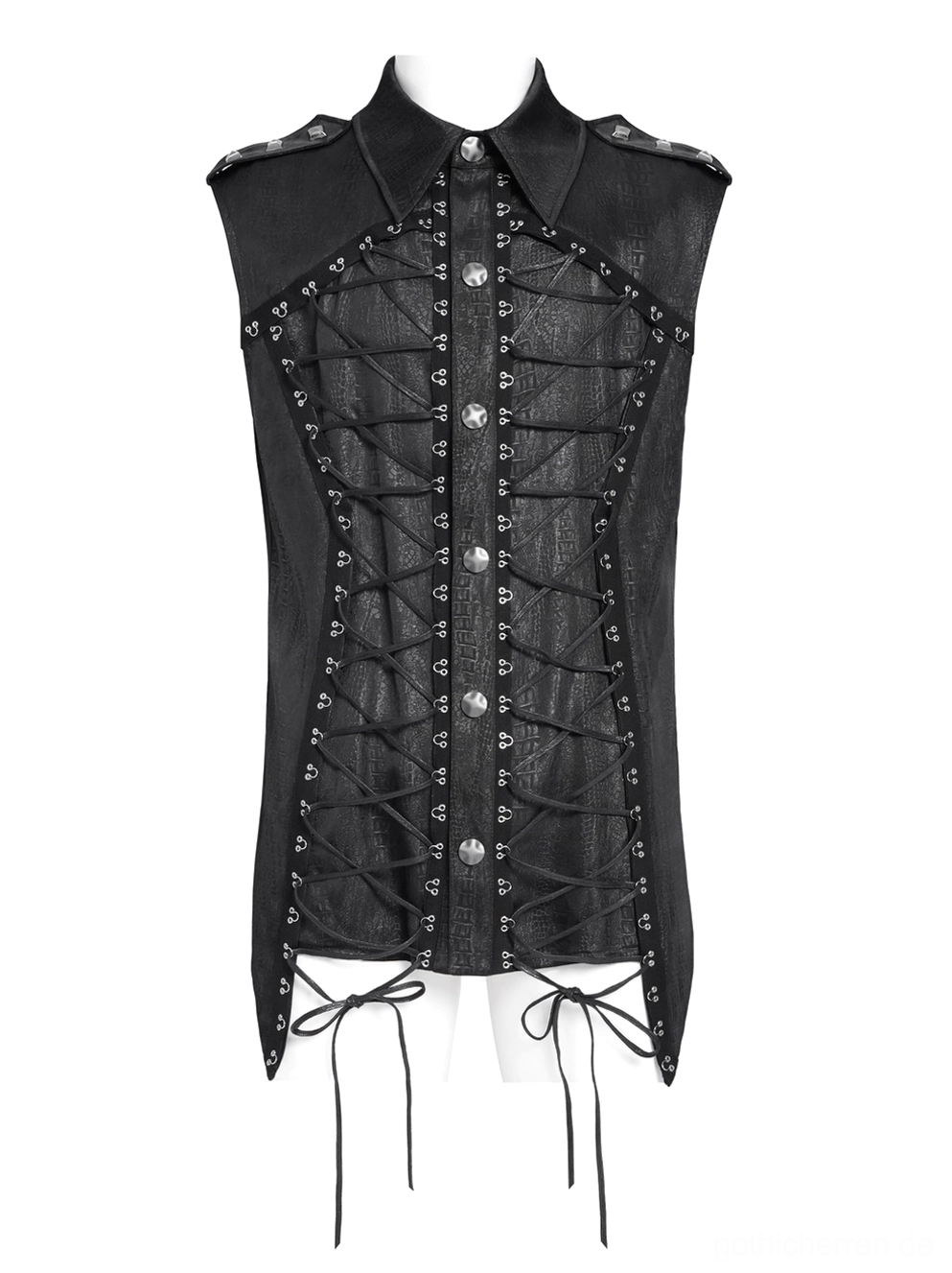 Schwarzes Kunstleder Gothic ärmelloses Shirt Flat-Lay mit Metallknopf-Besatz, Krokodiloberfläche und Schnür-Details