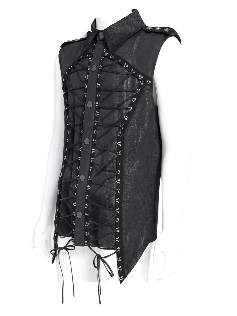 Männlicher Mannequin trägt schwarzes Gothic ärmelloses Schnür-Shirt mit Military-Epauletten, Korsett-Front und strukturiertem Design