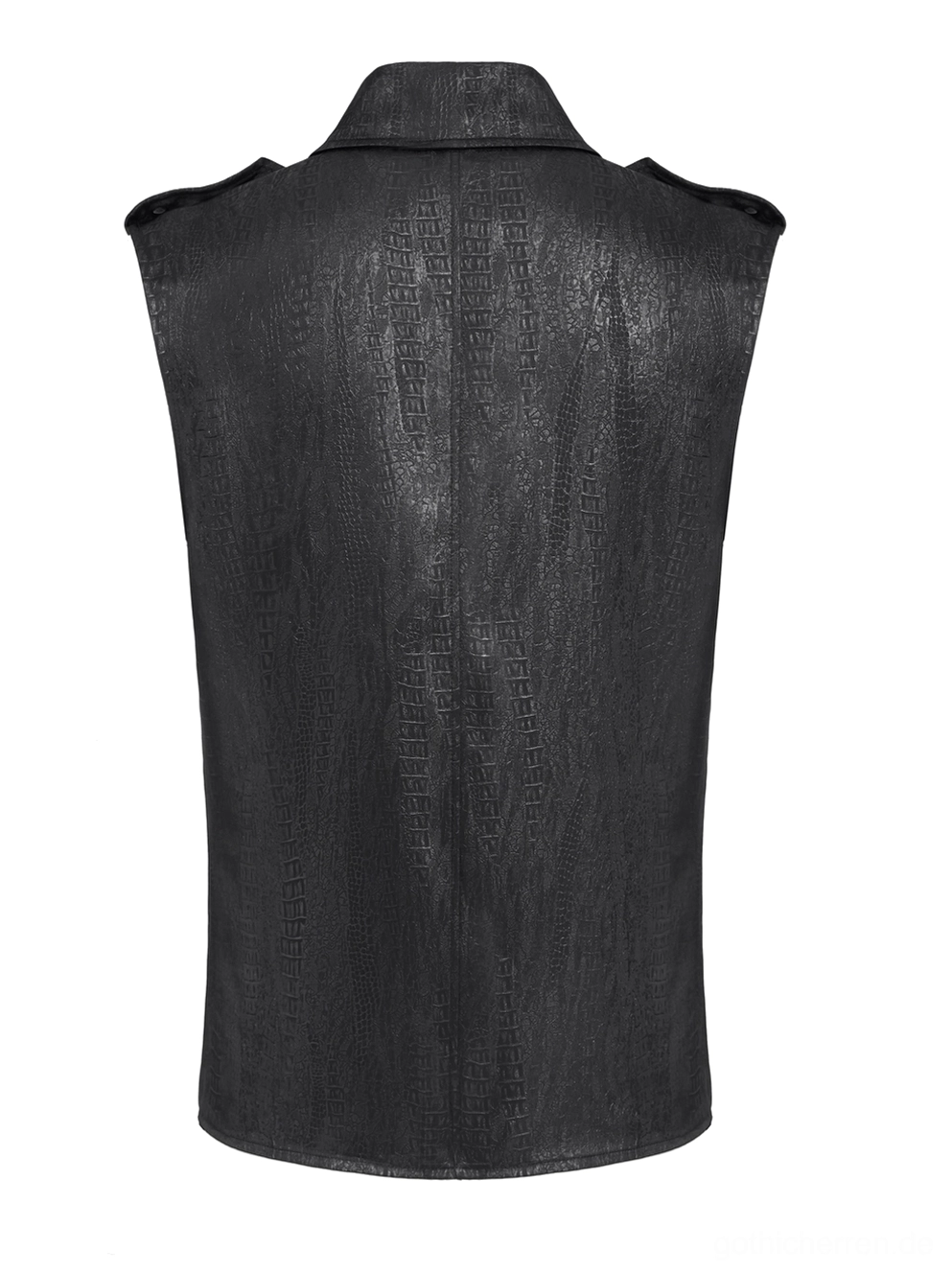 Gothic ärmelloses Schnür-Shirt Rücken Flat-Lay mit Kunstleder-Krokodiloberfläche, umgelegtem Kragen und präziser Schneiderei