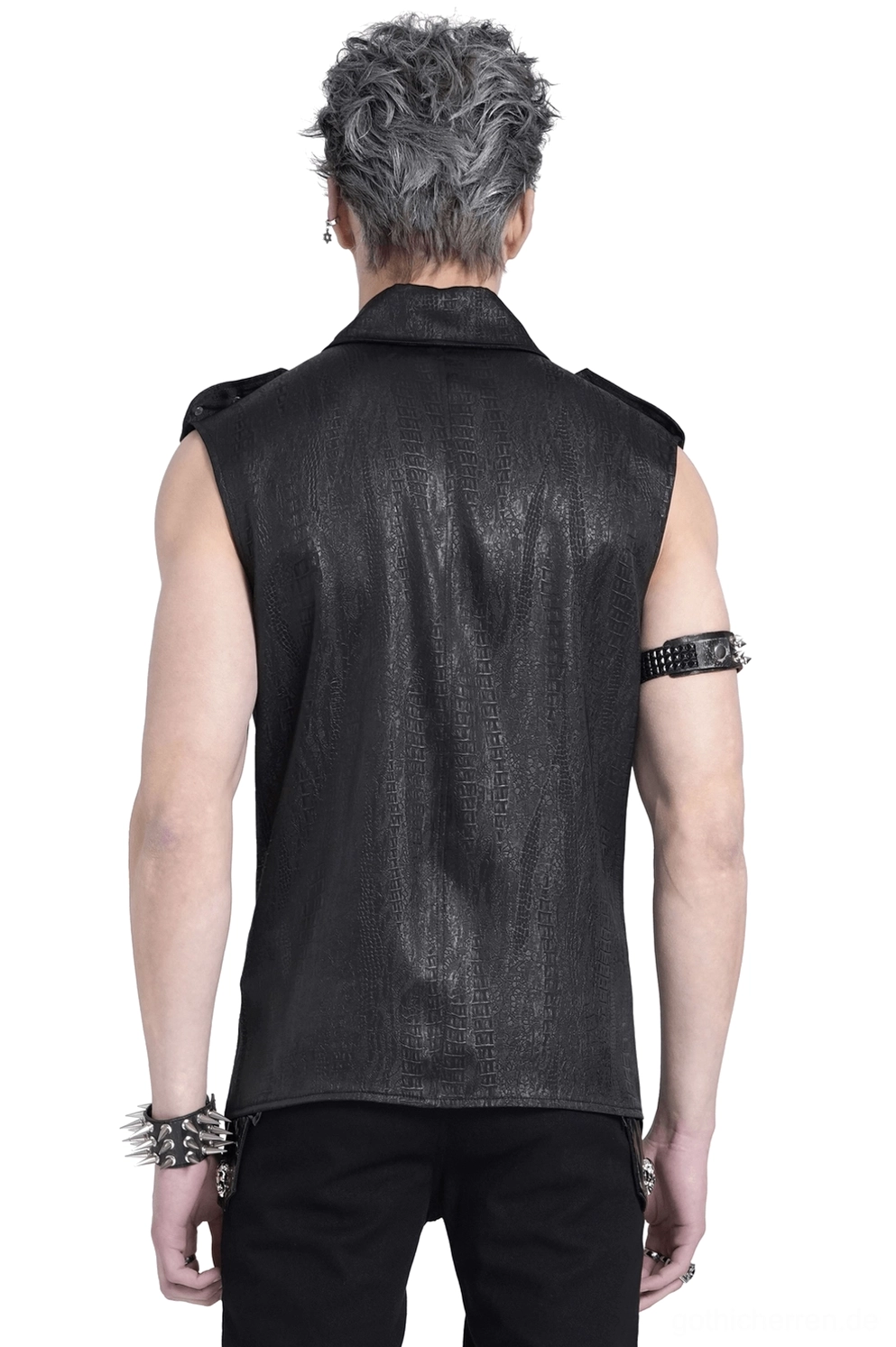 Gothic ärmelloses Schnür-Shirt Rückenansicht mit strukturiertem Kragen und gestudded Arm-Accessoires - schwarze Kunstledertextur