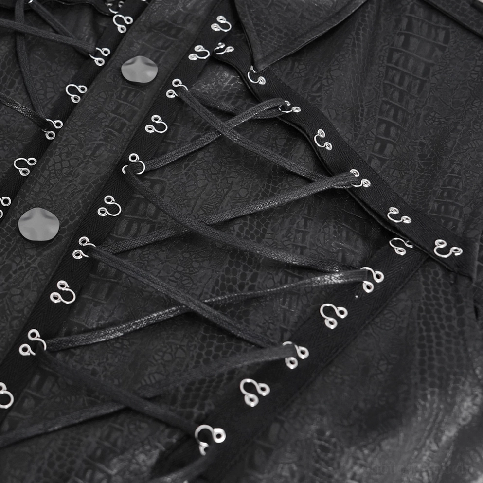 Schwarzes Gothic ärmelloses Schnür-Shirt Vorder-Flat-Lay mit strukturiertem Military-inspirierten Design, vollständiger Schnürung und Metallakzenten