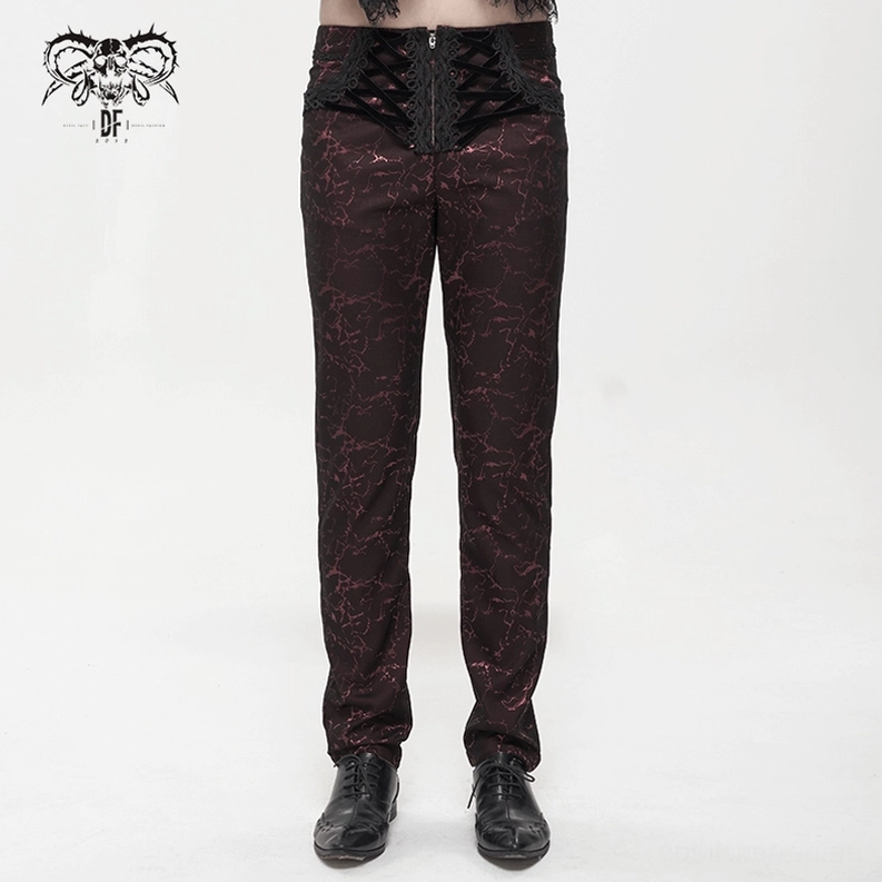 Gothic Schnürhose Schnürsystem Alternative Perspektive – Weinrot Hose mit Samtkordel-Schnürung und schwarzer Spitzeneinfassung Detail, Design-Highlight