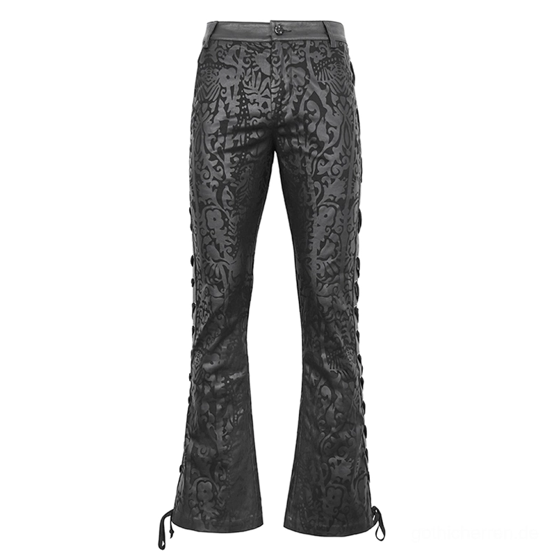 Seitenprofil der Herren Gothic Damast Schnürhose mit seitlicher Schnürung und Damastdruck seitliche Schnürdetails mit Metallösen