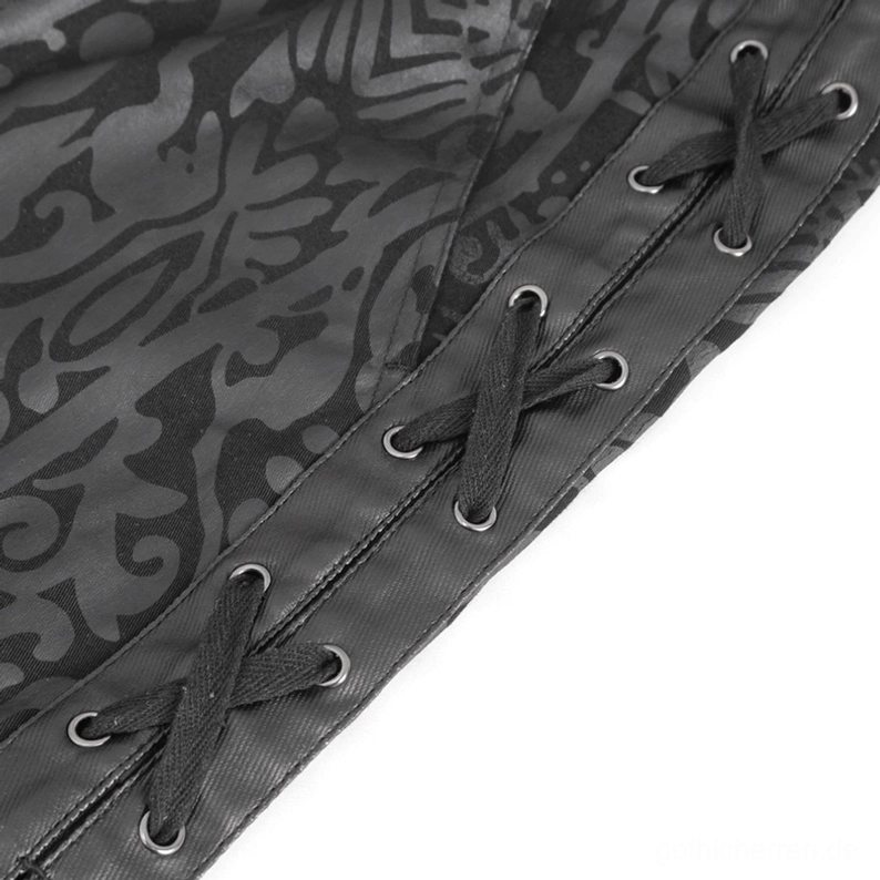 Seitliche Schnürung mit Metallösen der Herren Gothic Hose auf ornamentalem Damastdruckstoff feines Grommetdetail mit schwarzem Schnürband