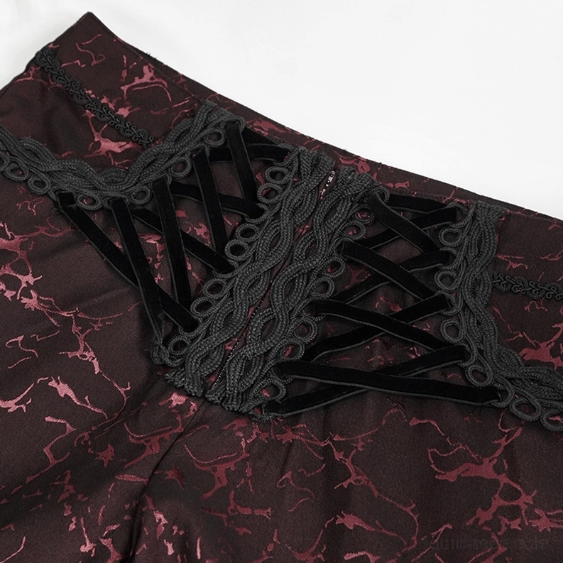Schnürhose Taille Detail Nahaufnahme von oben – Weinrot Gothic Hose mit schwarzem Flechtband, Samtkordel-Schnürsystem und verstellbarer Passform, Riss-Print Struktur